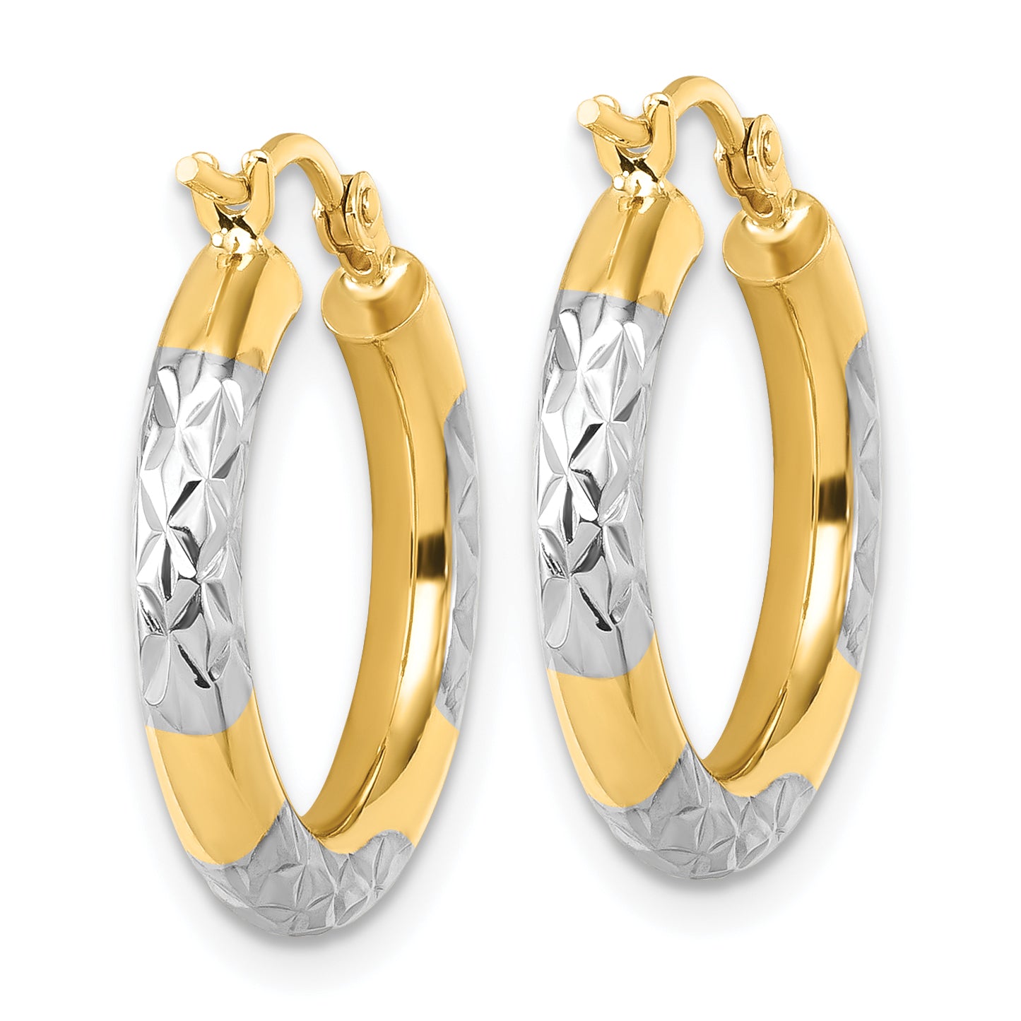14K Yellow & Rhodium With Diamond Cut 3mm Hoop Earrings
