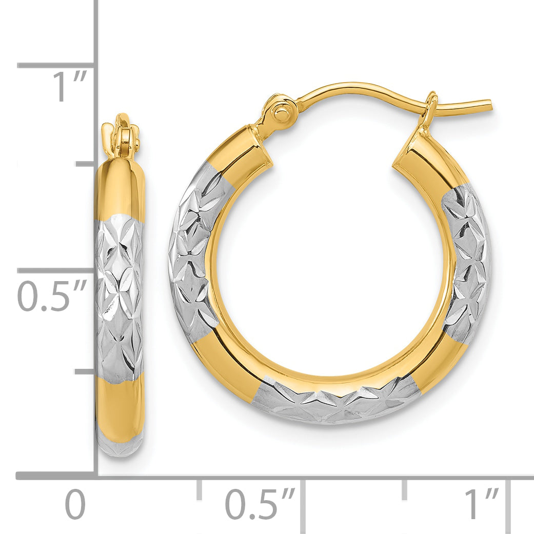 14K Yellow & Rhodium With Diamond Cut 3mm Hoop Earrings