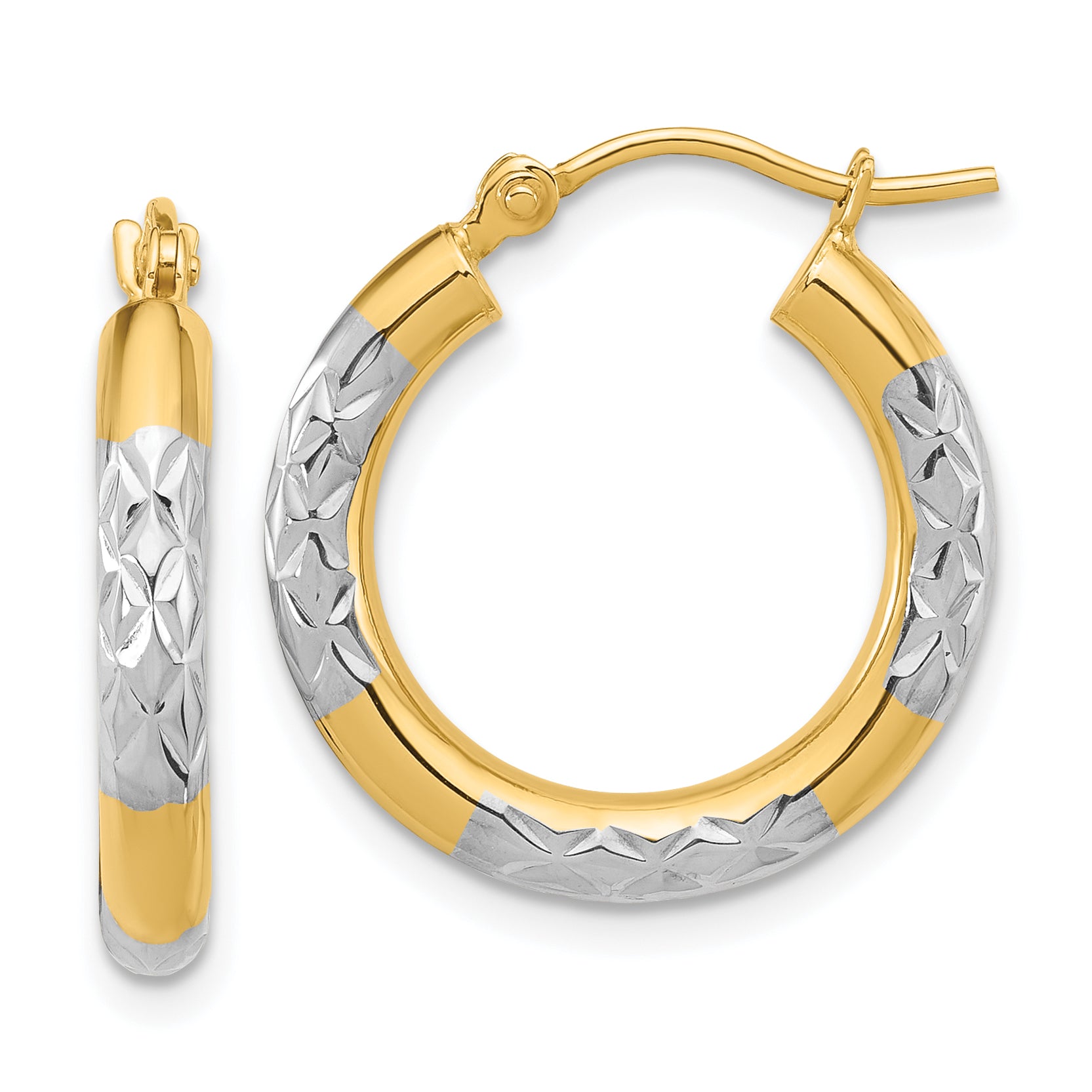 14K Yellow & Rhodium With Diamond Cut 3mm Hoop Earrings