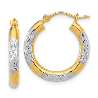 14K Yellow & Rhodium With Diamond Cut 3mm Hoop Earrings