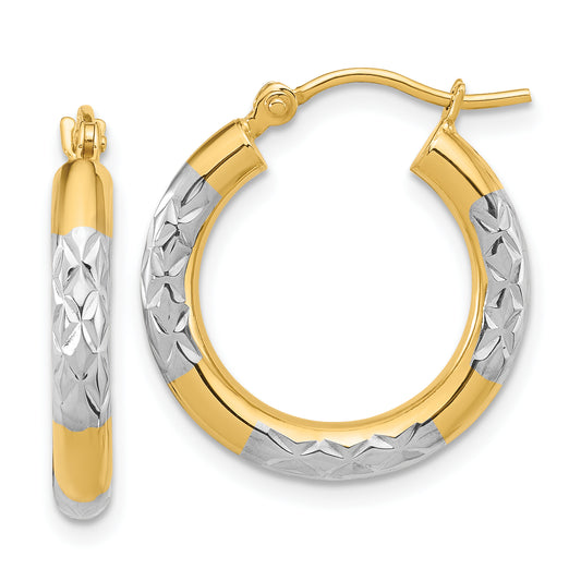 14K Yellow & Rhodium With Diamond Cut 3mm Hoop Earrings