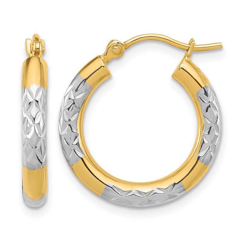 14K Yellow & Rhodium With Diamond Cut 3mm Hoop Earrings