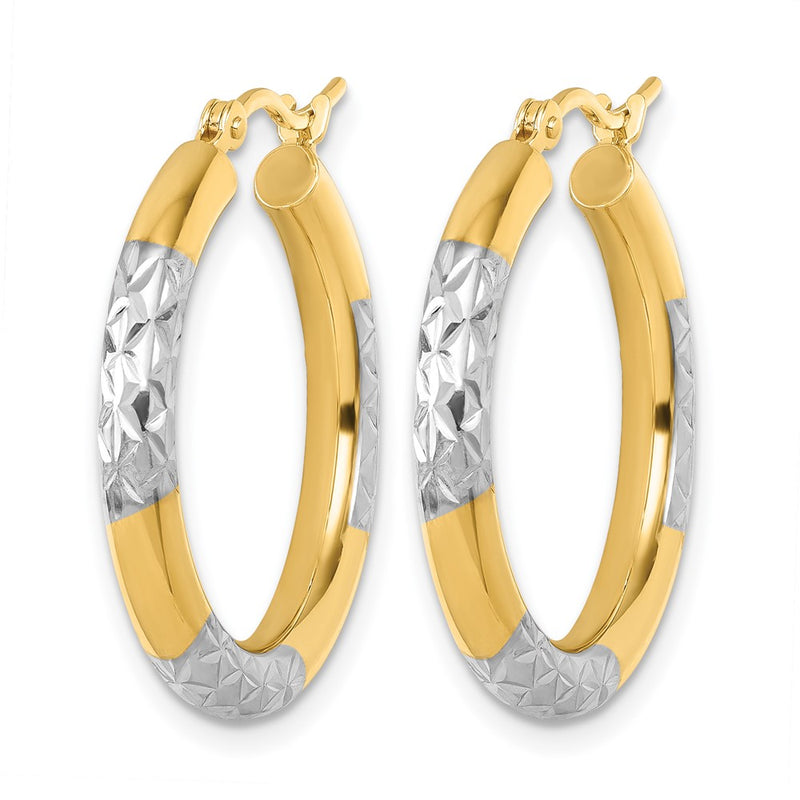 14K Yellow & Rhodium With Diamond Cut 3mm Hoop Earrings