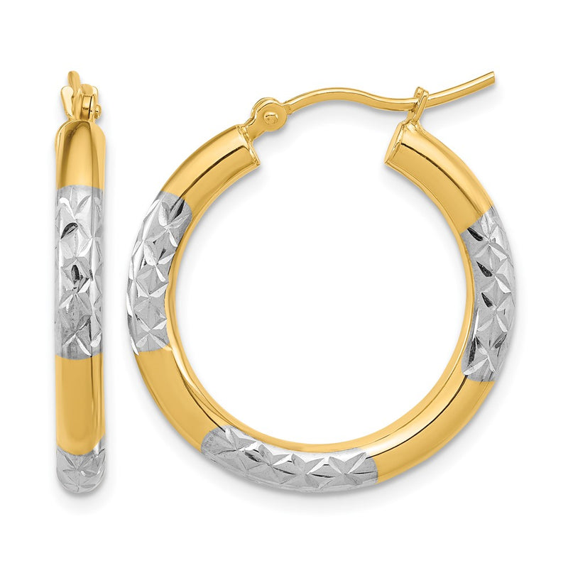 14K Yellow & Rhodium With Diamond Cut 3mm Hoop Earrings