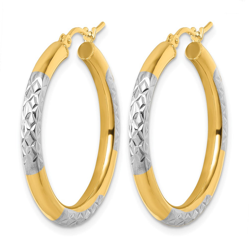 14K Yellow & Rhodium With Diamond Cut 3mm Hoop Earrings