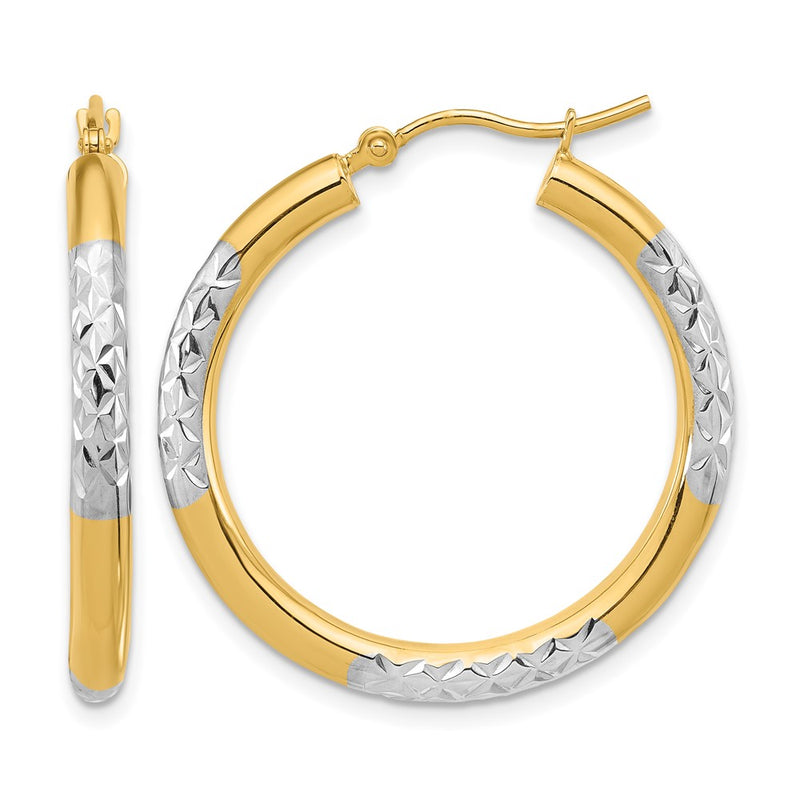 14K Yellow & Rhodium With Diamond Cut 3mm Hoop Earrings