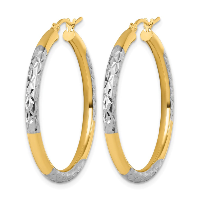 14K Yellow & Rhodium With Diamond Cut 3mm Hoop Earrings