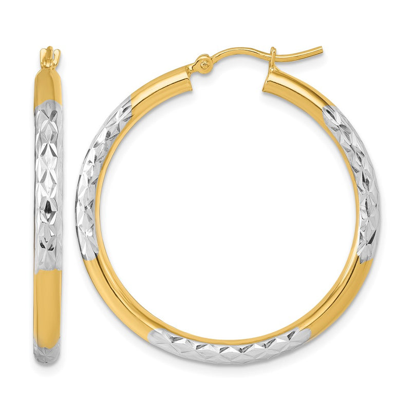 14K Yellow & Rhodium With Diamond Cut 3mm Hoop Earrings
