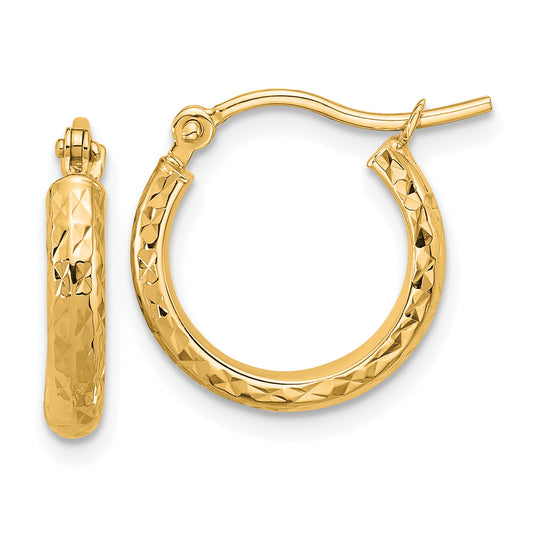 14K Yellow Gold Diamond Cut 2.8X15mm Hollow Hoop Earrings