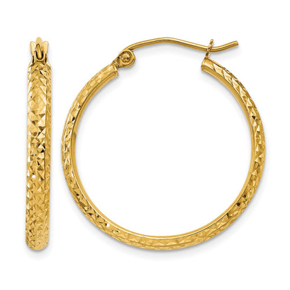 14K Yellow Gold D/C 2.8X25mm Hollow Hoop Earrings