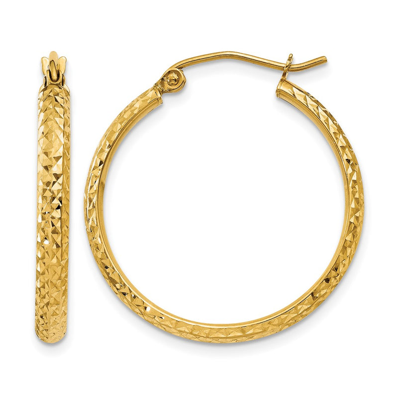 14K Yellow Gold D/C 2.8X25mm Hollow Hoop Earrings
