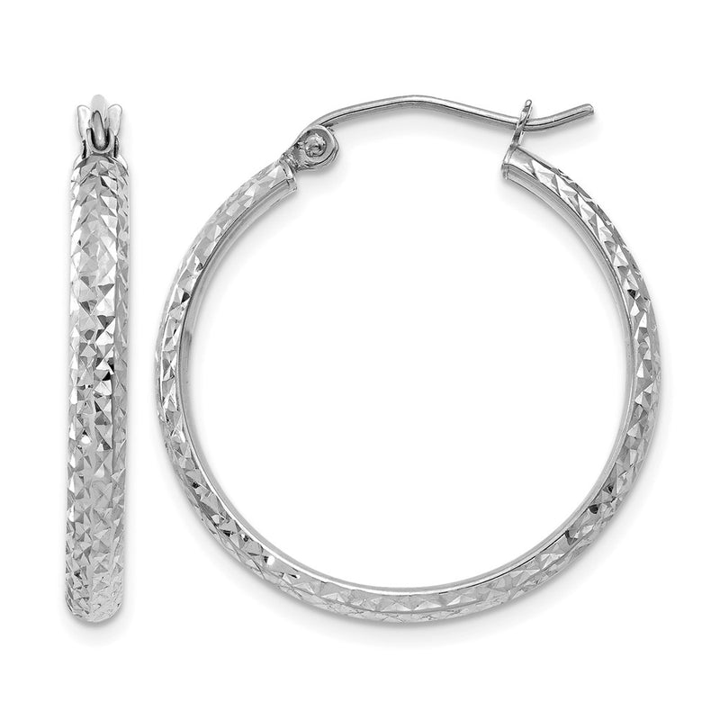 14K White Gold D/C 2.8X25mm Hollow Hoop Earrings