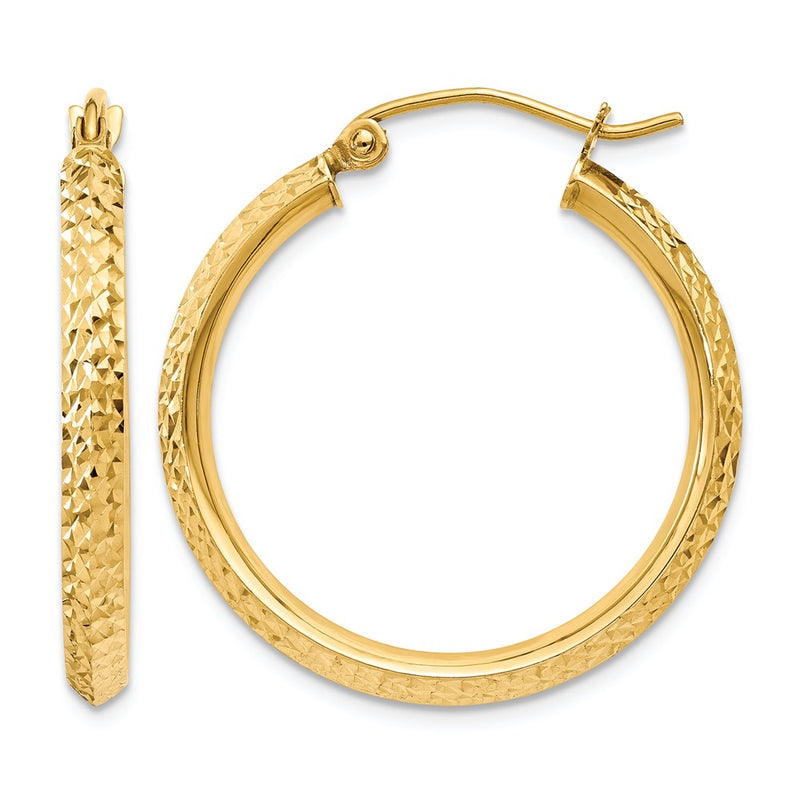 14K Yellow Gold Knife Edge D/C 2.5X25mm Hollow Hoop Earrings