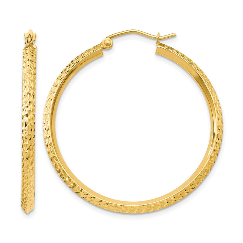 14K Yellow Gold Knife Edge D/C Hollow 2.5X35mm Hoop Earrings