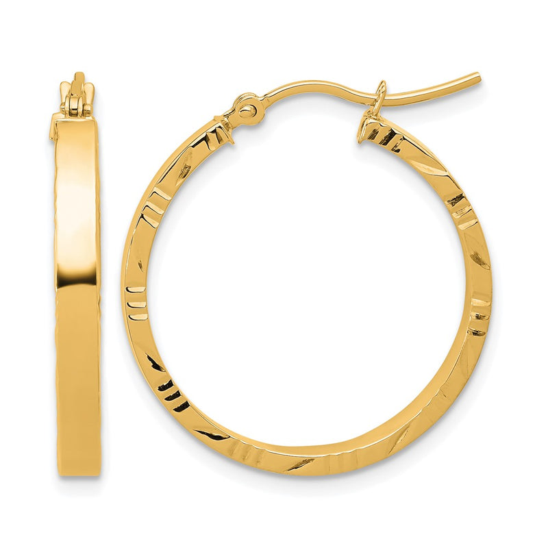 14K Yellow Gold D/C Edge Medium 3mm Polished Hoop Earrings