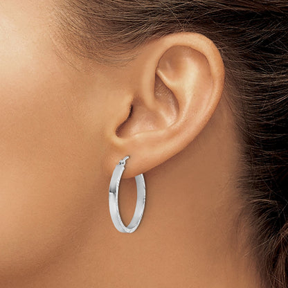 14K White Gold D/C Edge Medium 3mm Polished Hoop Earrings