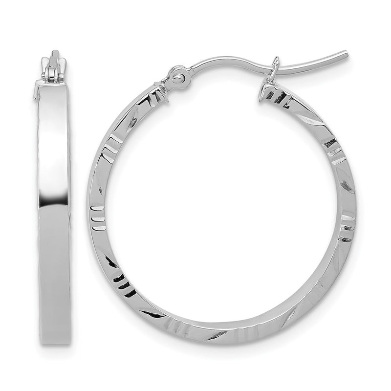 14K White Gold D/C Edge Medium 3mm Polished Hoop Earrings