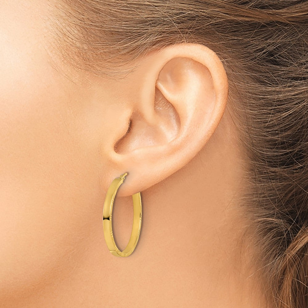 14K Yellow Gold D/C Edge Large 3mm Polished Hoop Earrings