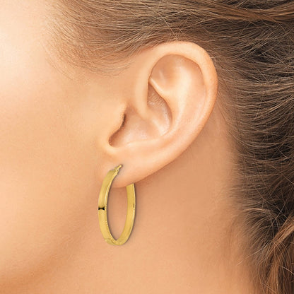 14K Yellow Gold D/C Edge Large 3mm Polished Hoop Earrings