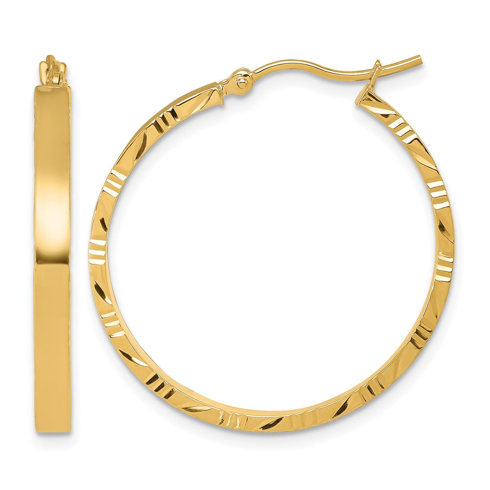 14K Yellow Gold D/C Edge Large 3mm Polished Hoop Earrings