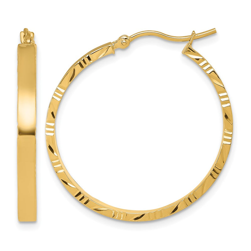 14K Yellow Gold D/C Edge Large 3mm Polished Hoop Earrings