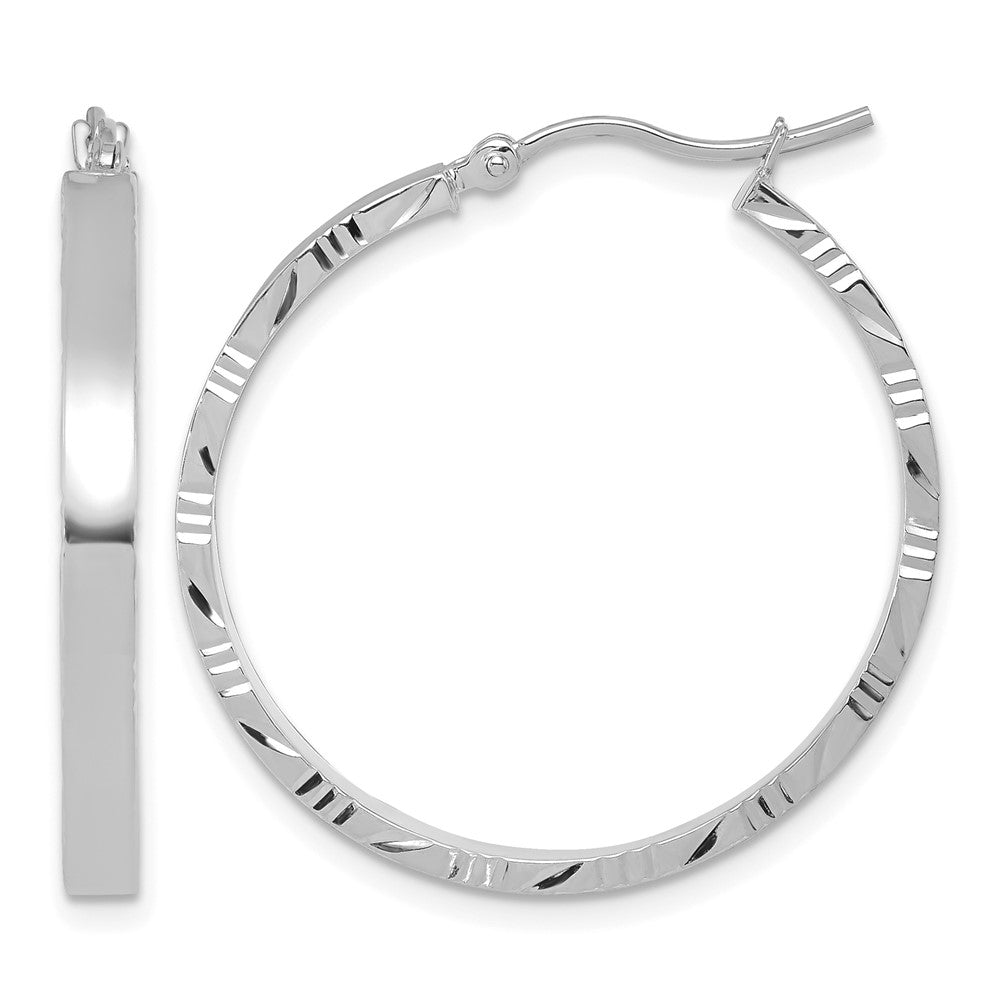 14K White Gold D/C Edge Large 3mm Polished Hoop Earrings