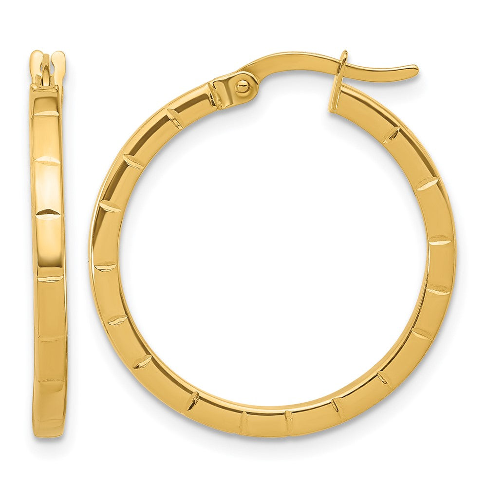 14K Yellow Gold Polished And Grooved Round Hoop Earrings