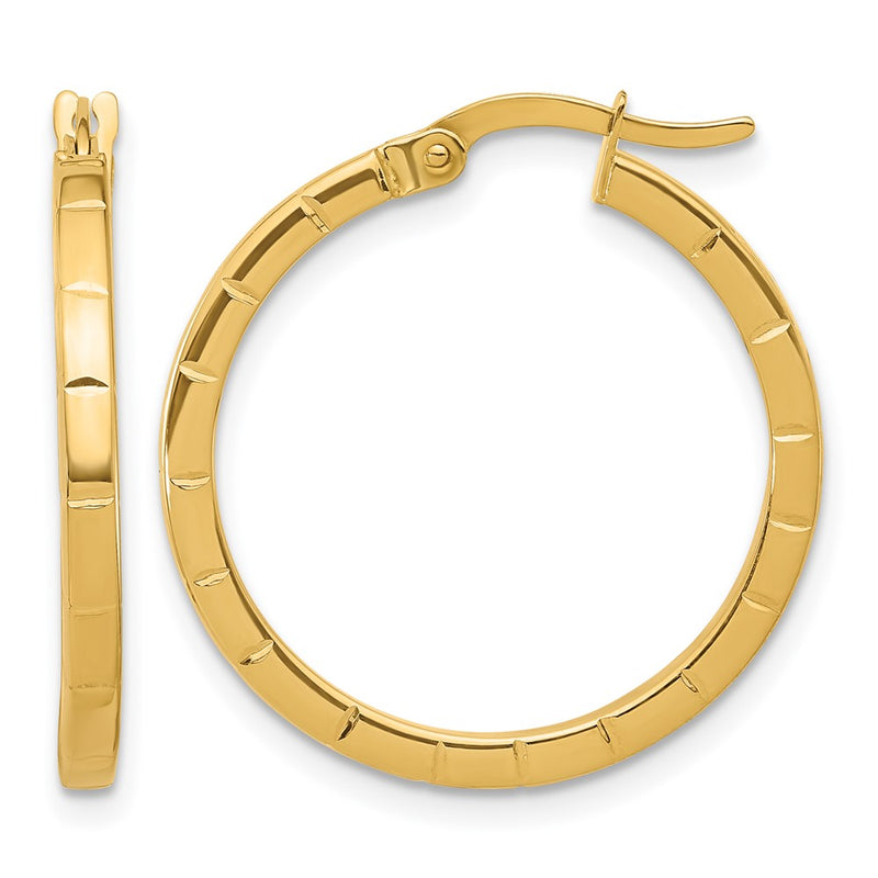 14K Yellow Gold Polished And Grooved Round Hoop Earrings