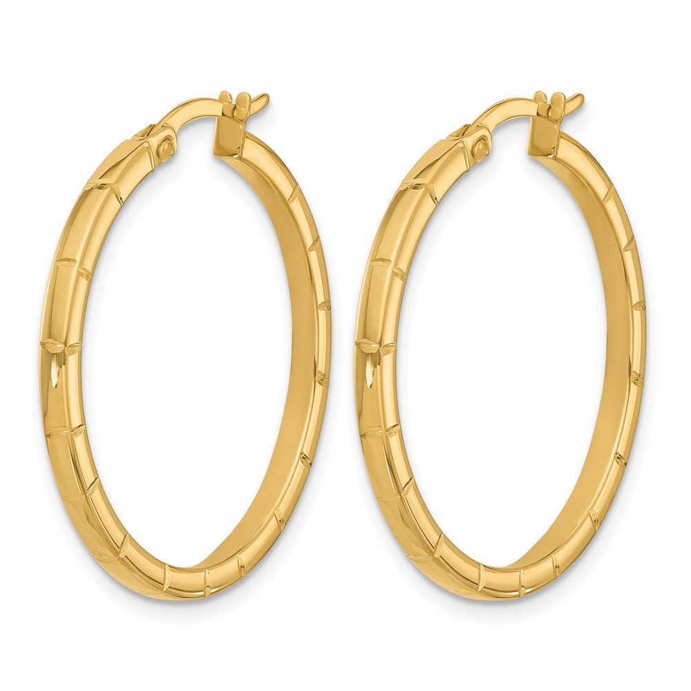 14K Yellow Gold Polished And Grooved Round Hoop Earrings