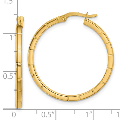 14K Yellow Gold Polished And Grooved Round Hoop Earrings