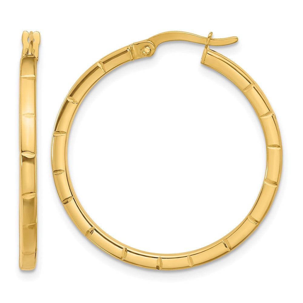 14K Yellow Gold Polished And Grooved Round Hoop Earrings
