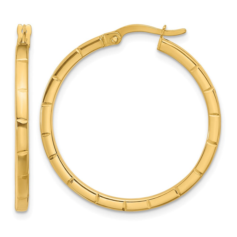 14K Yellow Gold Polished And Grooved Round Hoop Earrings
