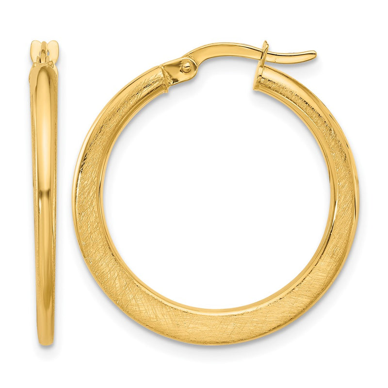 14K Yellow Gold Polished And Scratch Finish Round Hoop Earrings