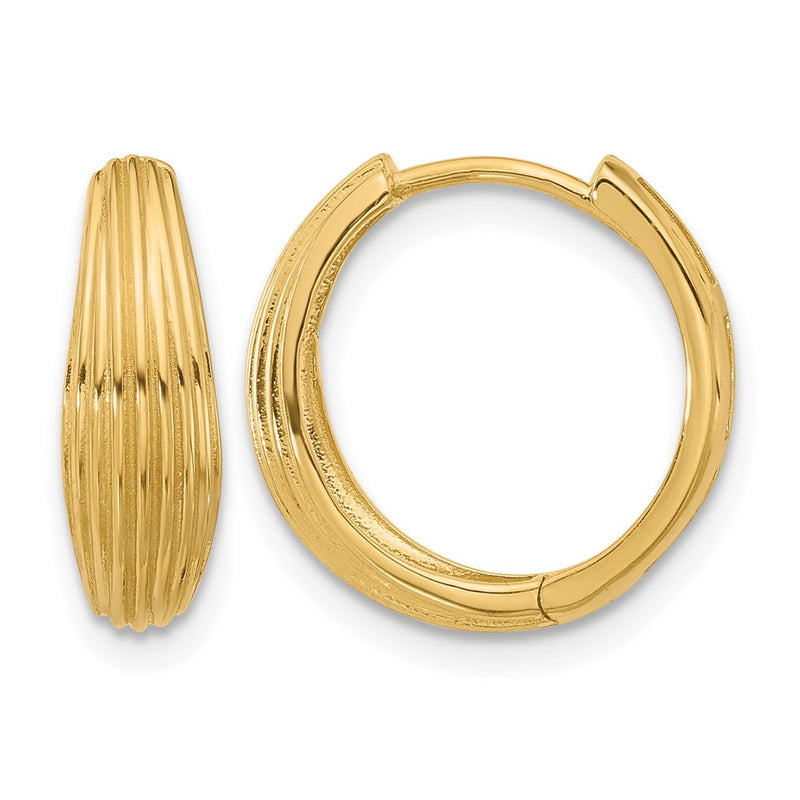 14K Yellow Gold Polished And Grooved Hinged Hoop Earrings
