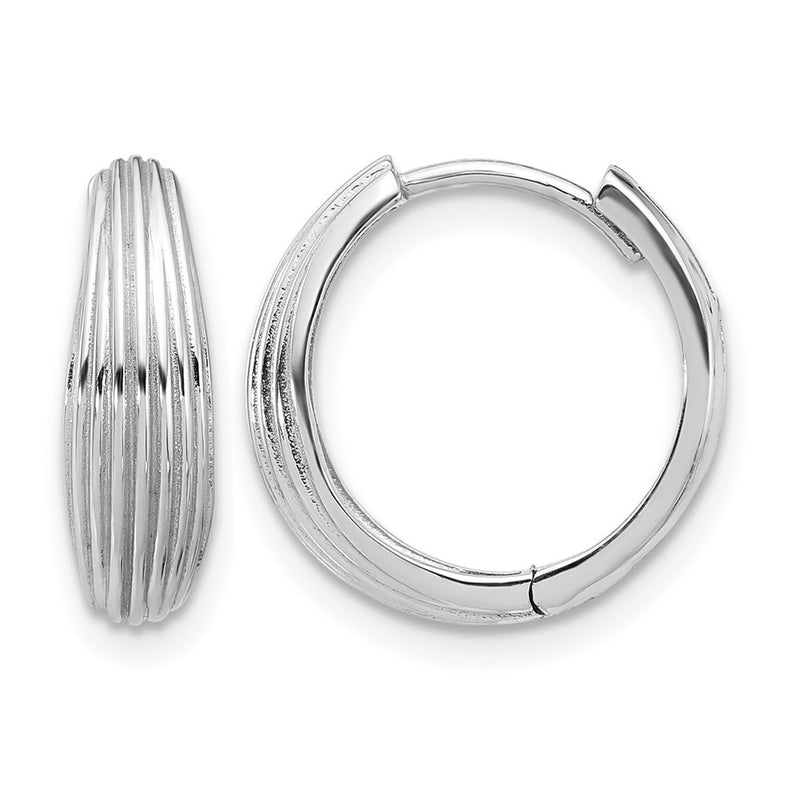 14K White Gold Polished And Grooved Hinged Hoop Earrings