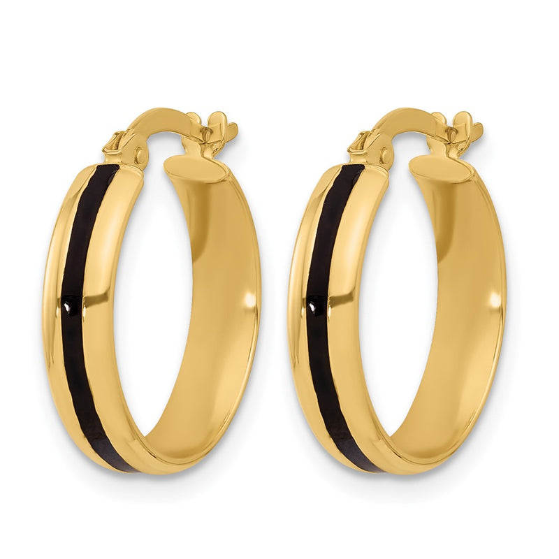 14K Yellow Gold Polished With Black Enamel Hoop Earrings