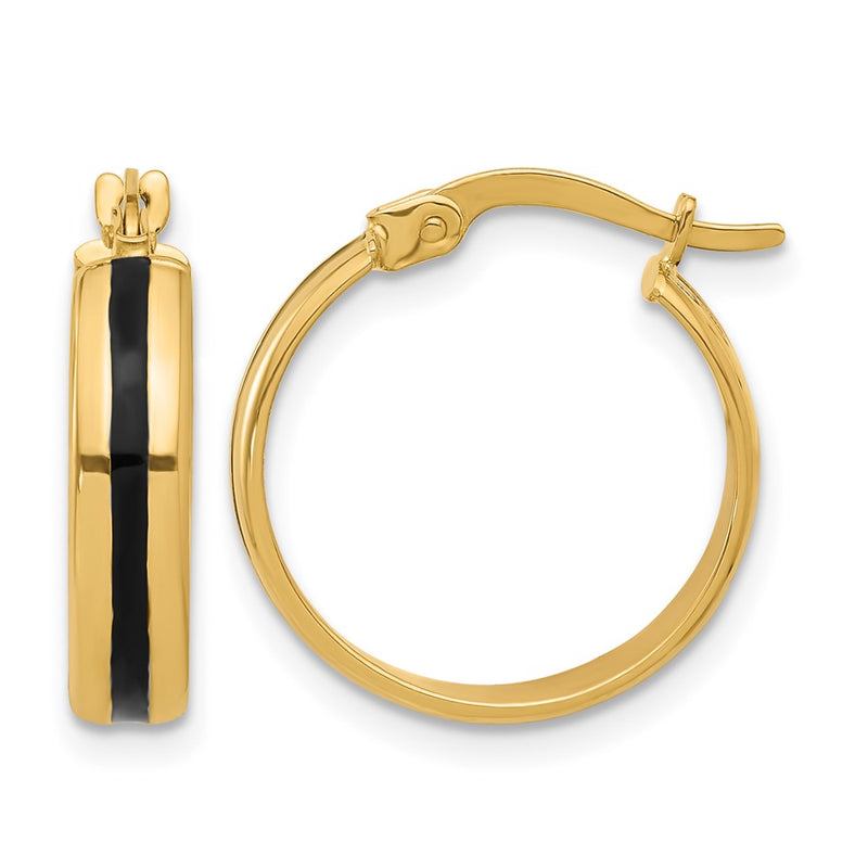 14K Yellow Gold Polished With Black Enamel Hoop Earrings