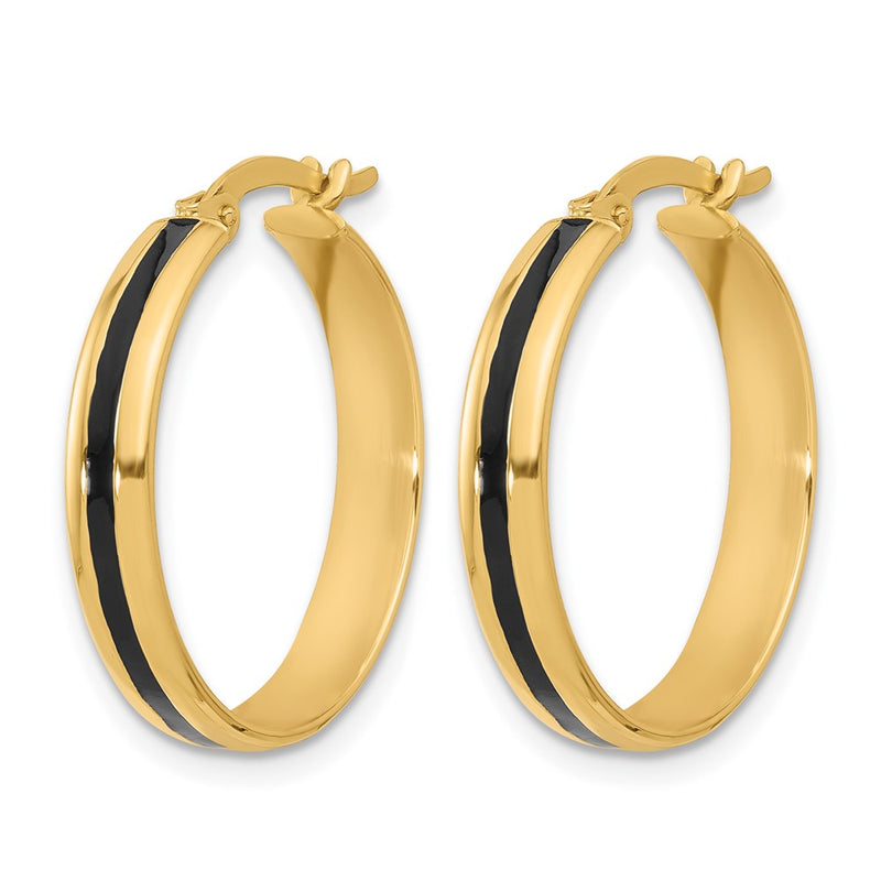 14K Yellow Gold Polished With Black Enamel Hoop Earrings