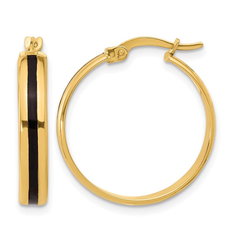 14K Yellow Gold Polished With Black Enamel Hoop Earrings