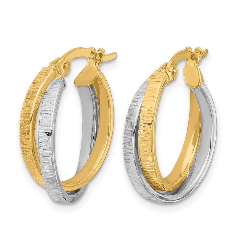 14K Two Tone Polished And Textured Bypass Hoop Earrings