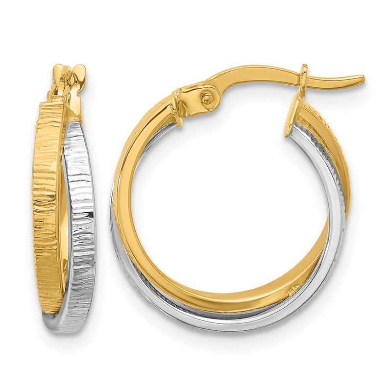 14K Two Tone Polished And Textured Bypass Hoop Earrings
