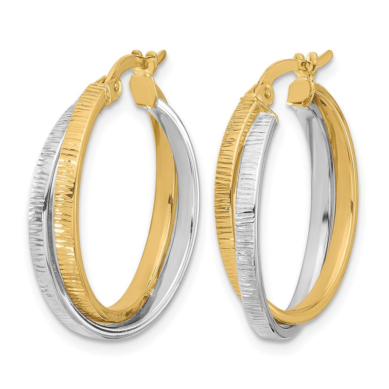 14K Two Tone Polished And Textured Bypass Hoop Earrings