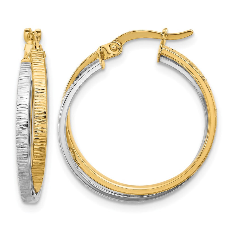 14K Two Tone Polished And Textured Bypass Hoop Earrings