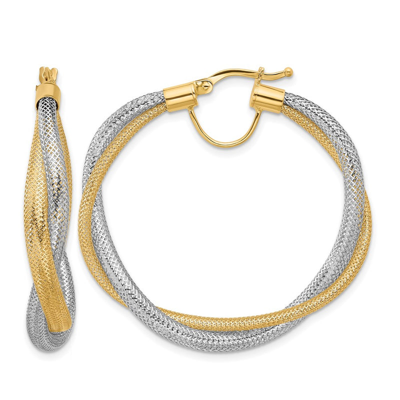 14K Yellow Gold Rhodium Braided Mesh Stretch Hoop Earrings