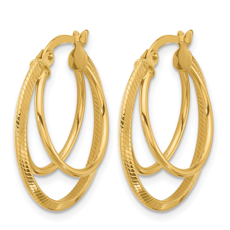 14K Yellow Gold Polished And Textured Triple Row Hoop Earrings