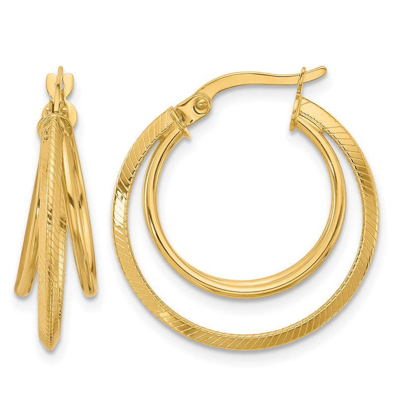 14K Yellow Gold Polished And Textured Triple Row Hoop Earrings