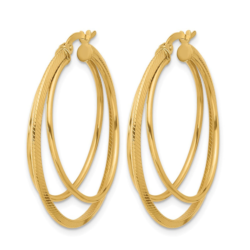 14K Yellow Gold Polished And Textured Triple Row Hoop Earrings