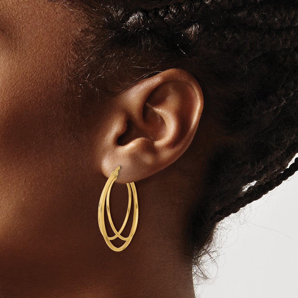 14K Yellow Gold Polished And Textured Triple Row Hoop Earrings