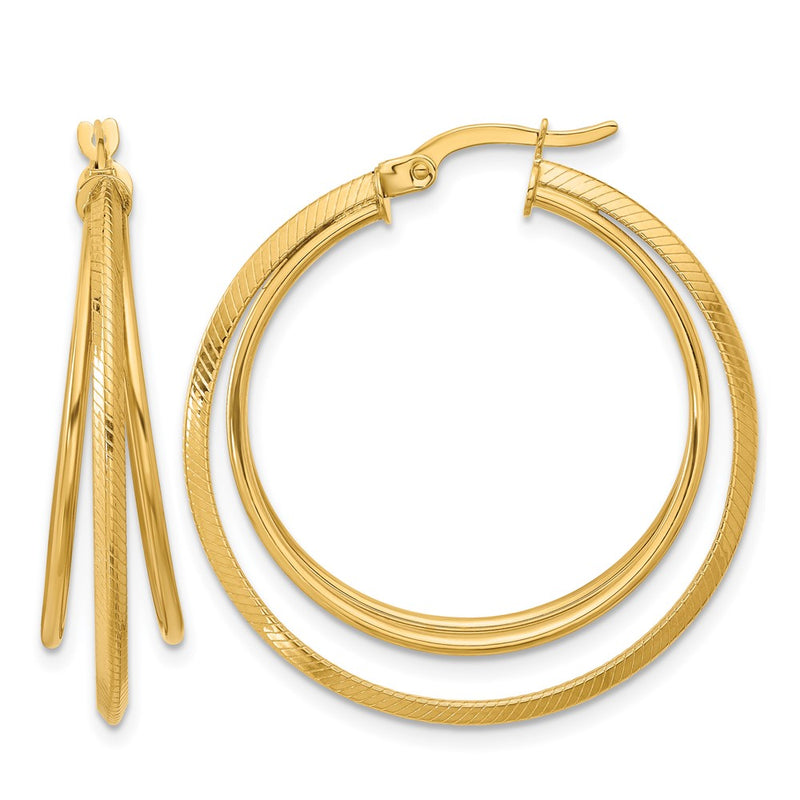 14K Yellow Gold Polished And Textured Triple Row Hoop Earrings
