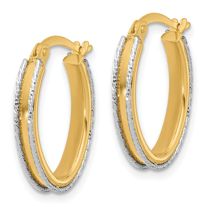 14K Two Tone Polished And Diamond Cut Oval Hoop Earrings